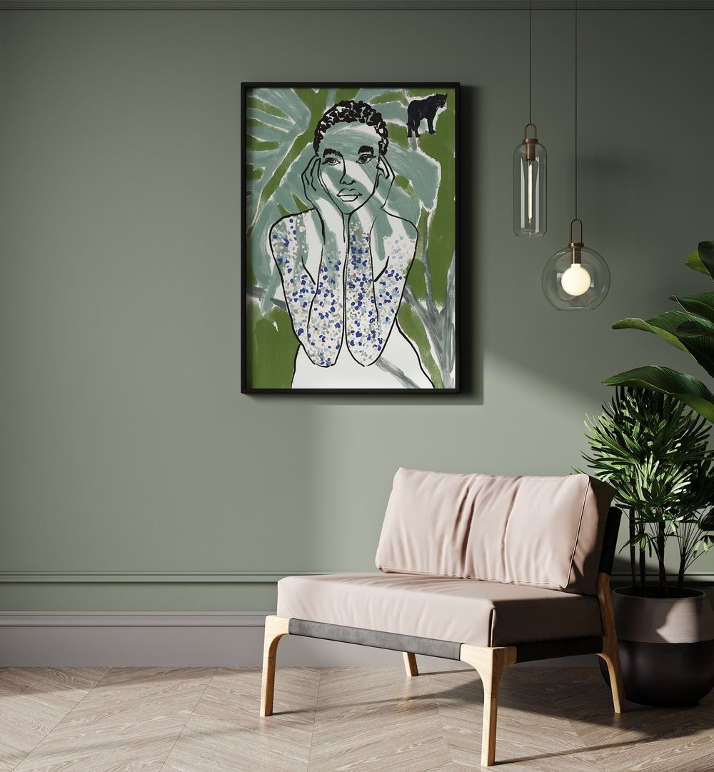 Vibrant JUNGLE ZONE, PORTRAITS illustration showcasing human form amid lush greenery, perfect for art lovers.