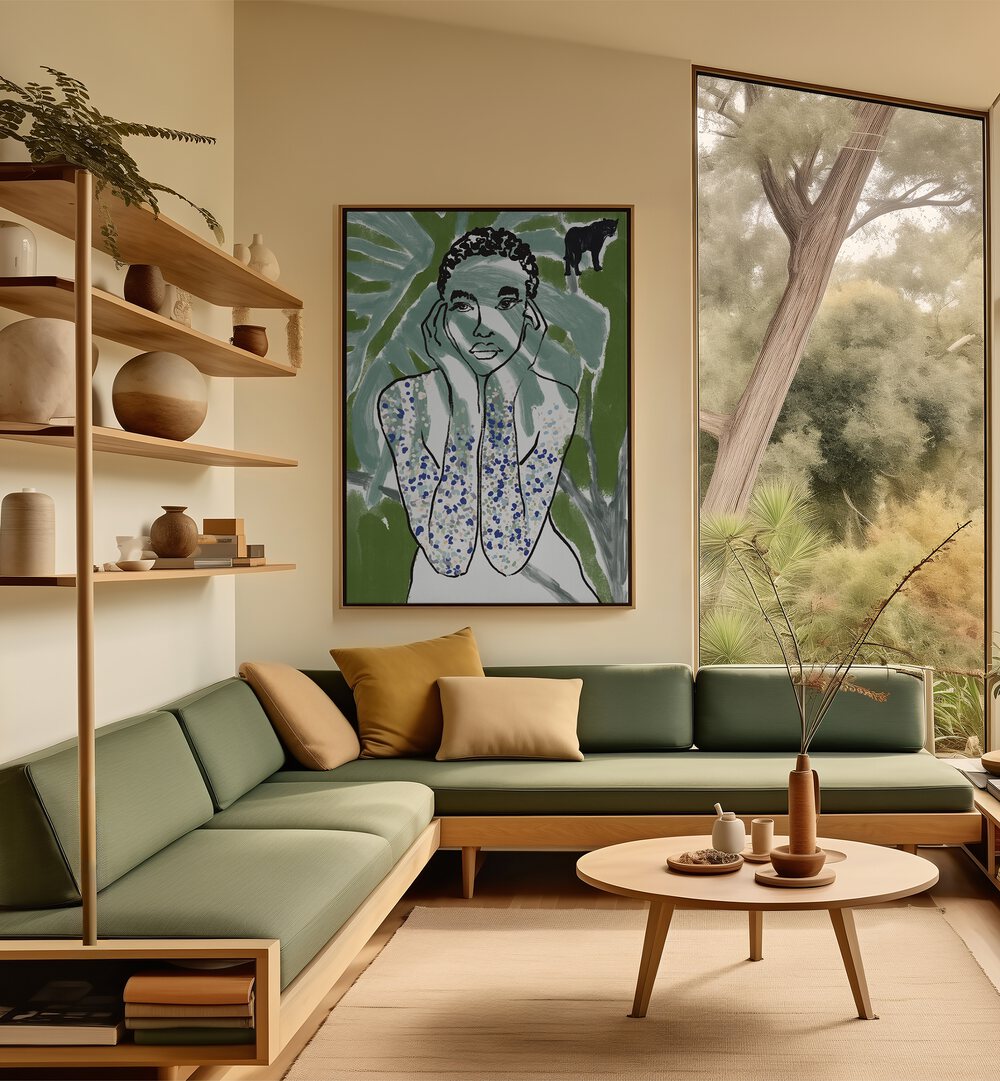 Vibrant JUNGLE ZONE, PORTRAITS artwork enhances a modern living space with lush jungle aesthetics.
