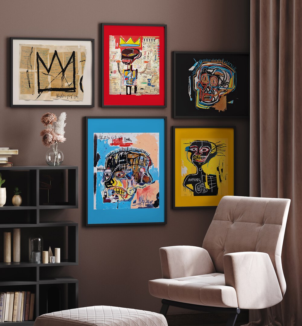 Stylish JEAN MICHEL BASQUIAT GALLERY WALL, GALLERY WALLS featuring vibrant framed prints for urban art lovers.