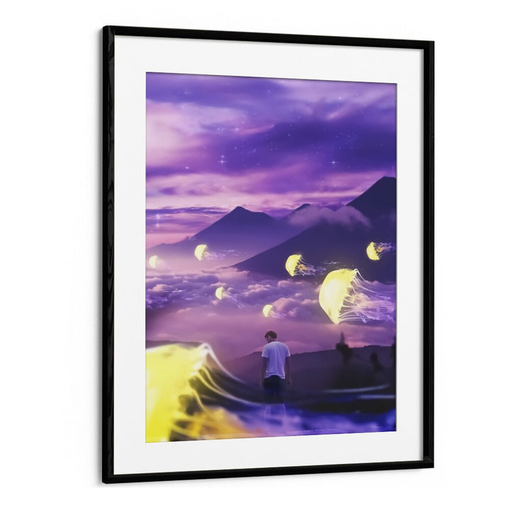 Stunning JELLYFISH MOUNTAIN, SURREAL ART PRINTS by Ritvik Takkar, framed with vibrant colors and dreamy landscapes.