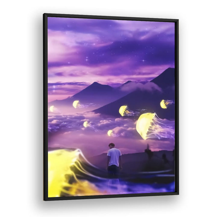 Explore the dreamlike "JELLYFISH MOUNTAIN, SURREAL ART PRINTS" by Ritvik Takkar, featuring vibrant colors and surreal landscapes.