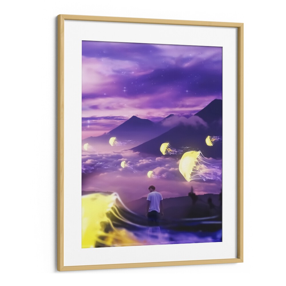 "Discover the enchanting JELLYFISH MOUNTAIN, SURREAL ART PRINTS by Ritvik Takkar, framed beautifully in oak."