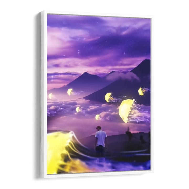 "JELLYFISH MOUNTAIN, SURREAL ART PRINTS by Ritvik Takkar showcases a dreamy landscape with jellyfish floating over mountains."