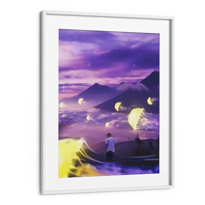 Surreal art print "JELLYFISH MOUNTAIN" by Ritvik Takkar, featuring vibrant jellyfish in a dreamy landscape.