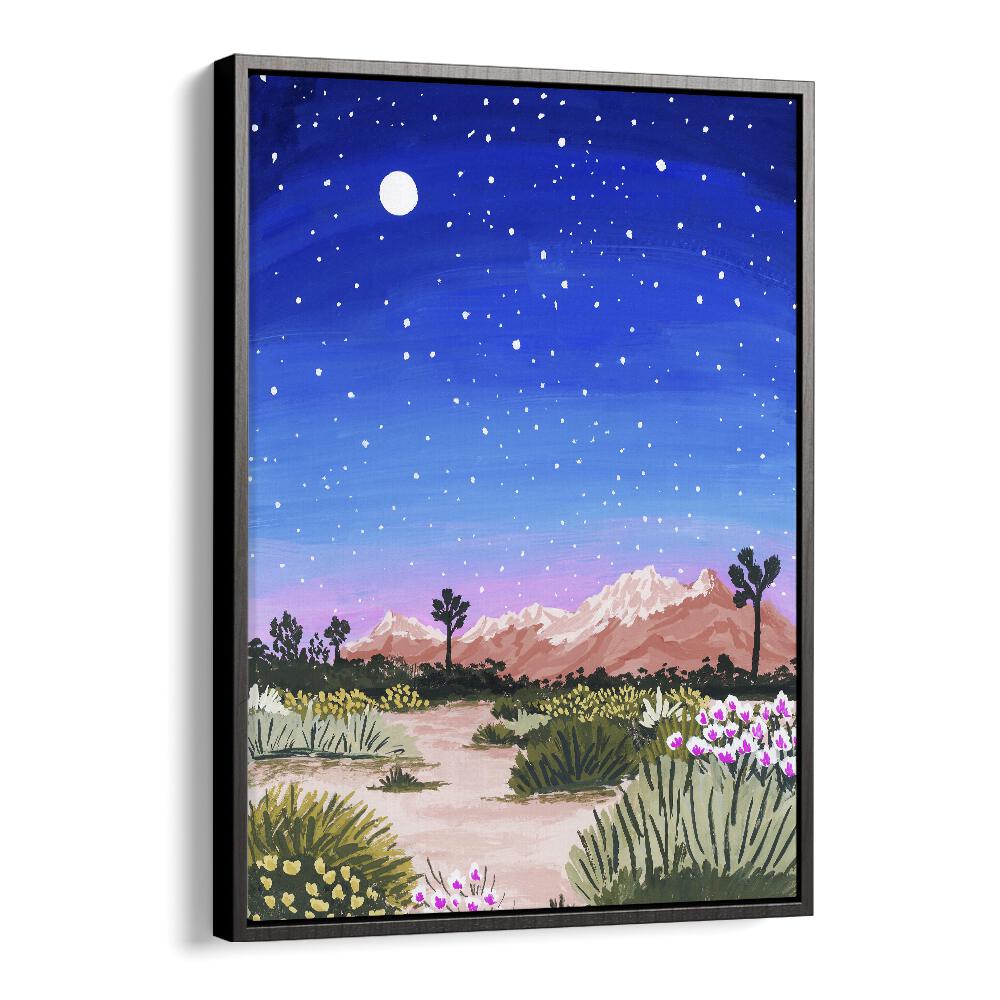 Stunning JOSHUA TREE, LANDSCAPE PAINTINGS by Sarah Gesek, featuring vibrant skies and desert flora in a black floater frame.