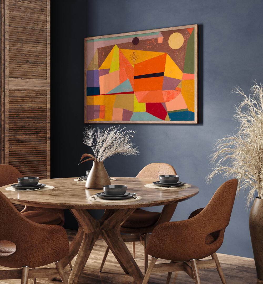 Joyful Mountain Landscape 1929 Vintage Paintings in Oak Wood Plain Frame placed on a wall behind a dining table  for dining area