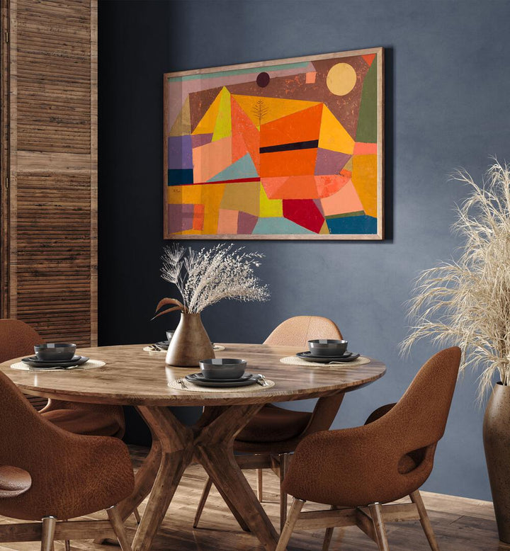 Joyful Mountain Landscape 1929 Vintage Paintings in Oak Wood Plain Frame placed on a wall behind a dining table  for dining area