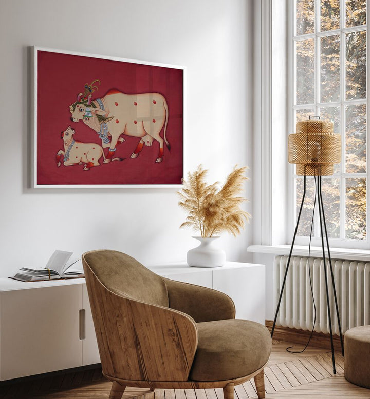 Vibrant KAMDHENU COW AND CALF, INDIAN ART PAINTINGS enhancing home décor with cultural richness and spiritual significance.