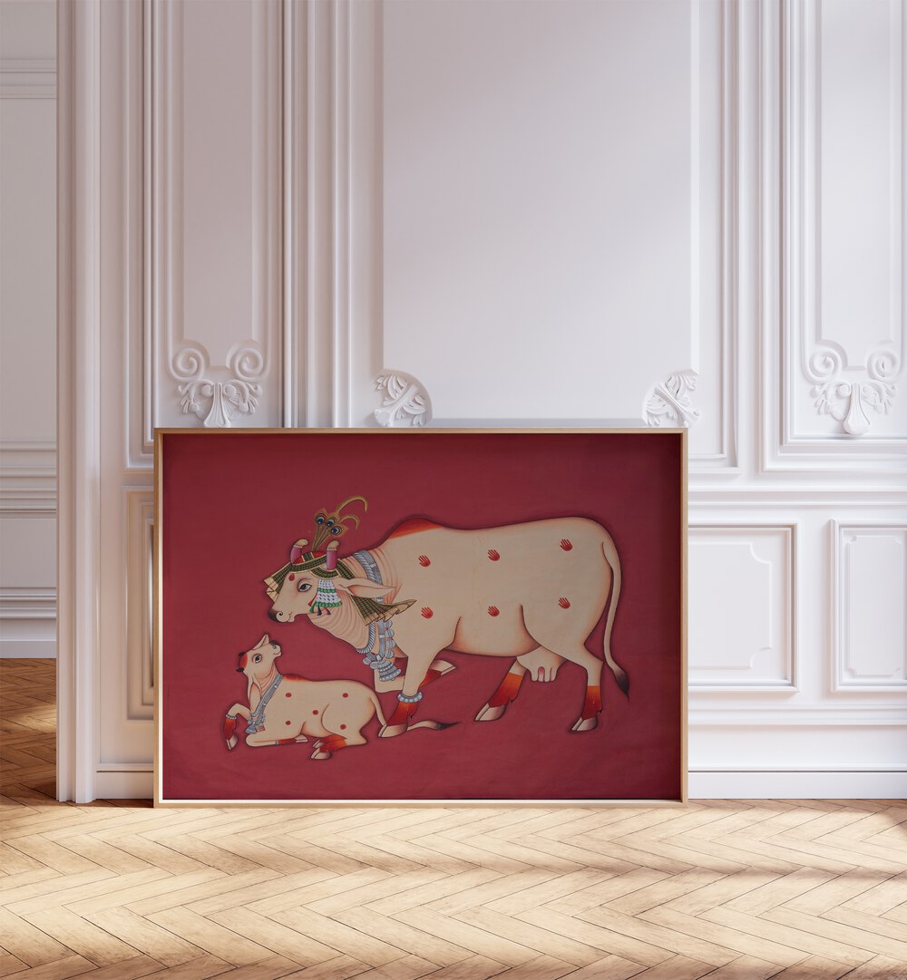 Stunning KAMDHENU COW AND CALF, INDIAN ART PAINTINGS showcasing cultural richness for your home décor.