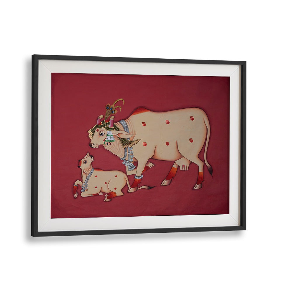 Elegant KAMDHENU COW AND CALF, INDIAN ART PAINTINGS, perfect for enriching your home décor with cultural beauty.