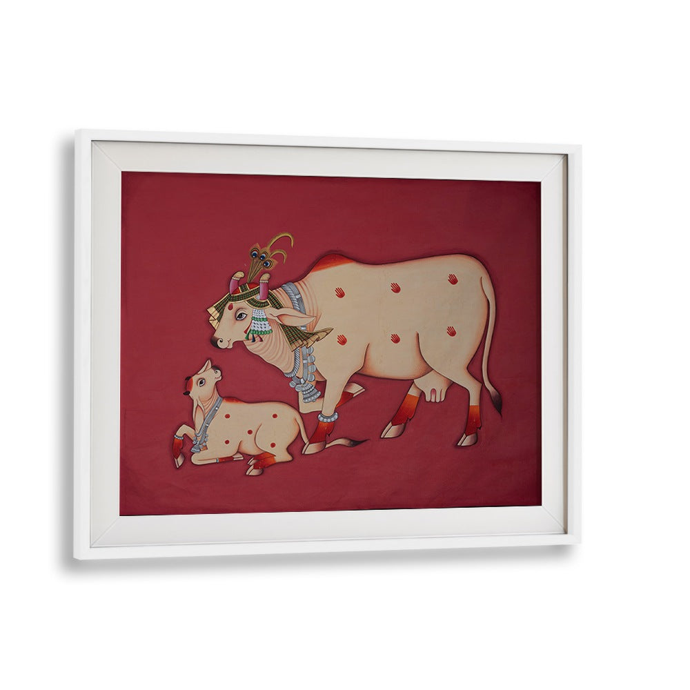 KAMDHENU COW AND CALF, INDIAN ART PAINTINGS showcase cultural richness, perfect for enhancing home décor.