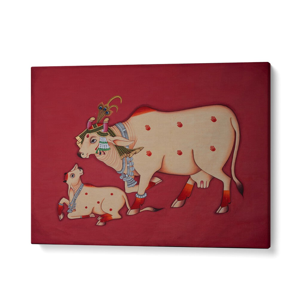 Stunning KAMDHENU COW AND CALF, INDIAN ART PAINTINGS showcasing cultural richness for elegant home décor.