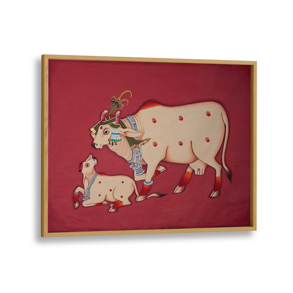 Stunning KAMDHENU COW AND CALF, INDIAN ART PAINTINGS captures cultural richness for elegant home décor.