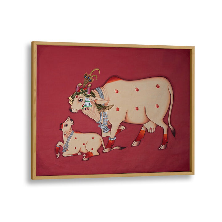Stunning KAMDHENU COW AND CALF, INDIAN ART PAINTINGS captures cultural richness for elegant home décor.