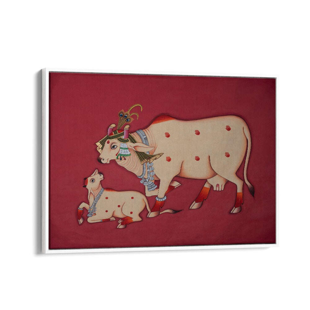 KAMDHENU COW AND CALF, INDIAN ART PAINTINGS showcase cultural richness, perfect for enhancing home décor.