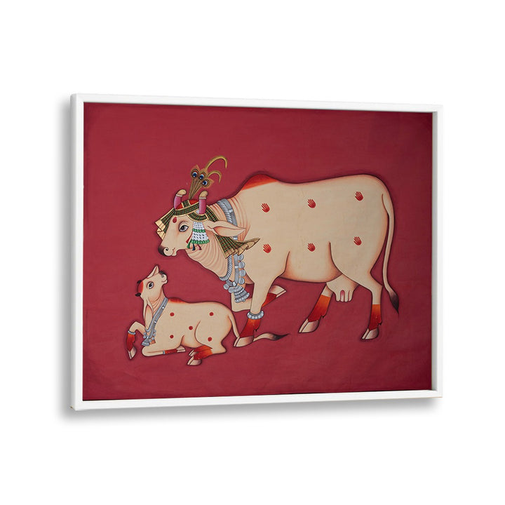 Beautiful KAMDHENU COW AND CALF, INDIAN ART PAINTINGS showcasing cultural richness, perfect for home décor.