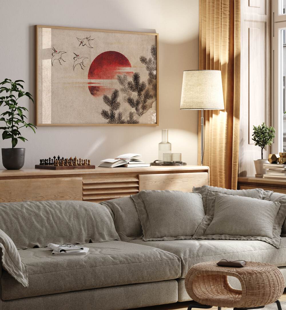 Katsushika Hokusai's BIRDS AND SUNSET, VINTAGE PAINTINGS art piece beautifully enhances any space with elegance.