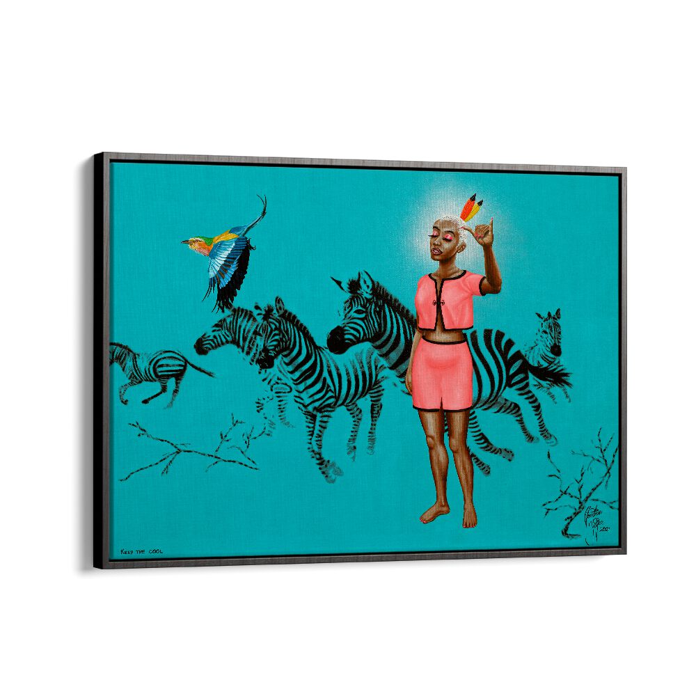 Vibrant KEEP THE COOL, AFRICAN ART PAINTINGS by Christian Beijer featuring zebras and a colorful bird. Perfect for any space.