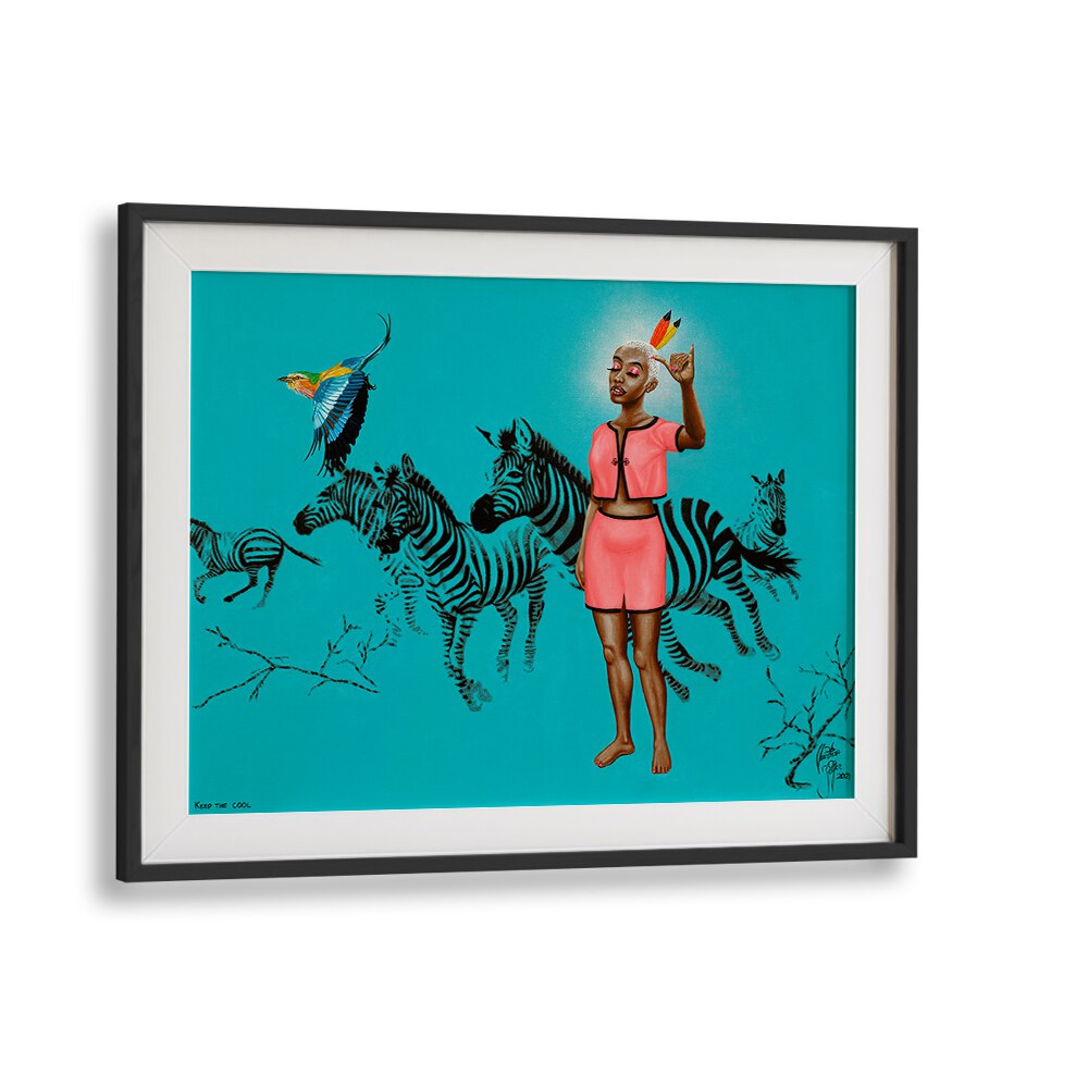 Vibrant KEEP THE COOL, AFRICAN ART PAINTINGS by Christian Beijer, featuring iconic zebras and a striking figure.