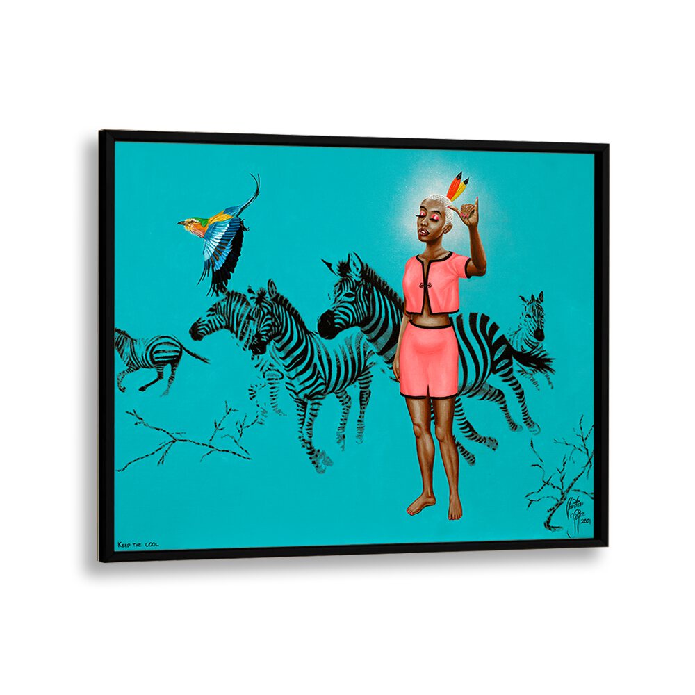 Colorful "KEEP THE COOL, AFRICAN ART PAINTINGS" by Christian Beijer features vibrant zebras and a striking figure.