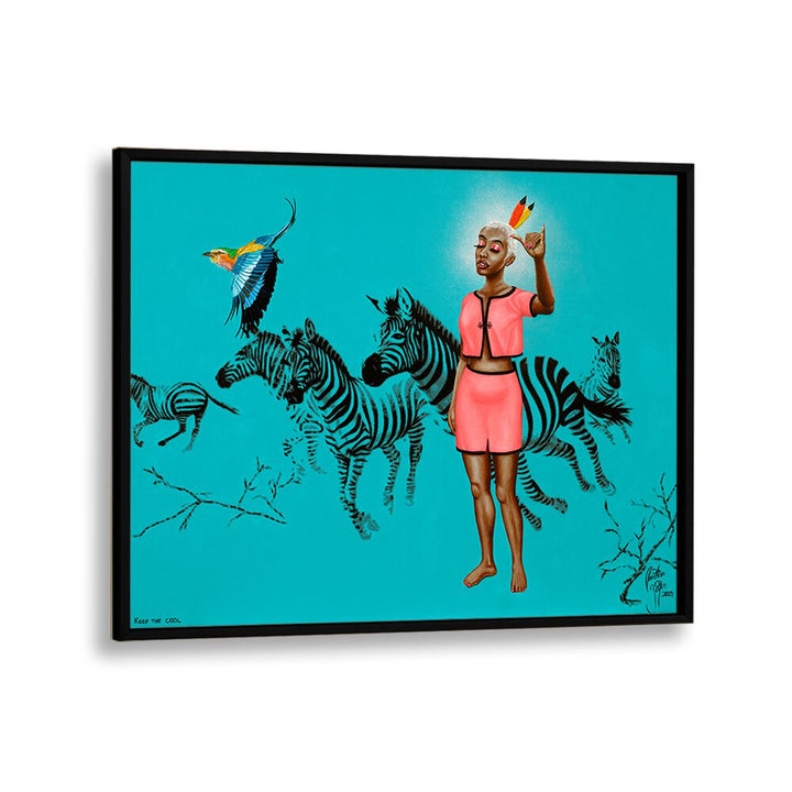 Colorful "KEEP THE COOL, AFRICAN ART PAINTINGS" by Christian Beijer features vibrant zebras and a striking figure.
