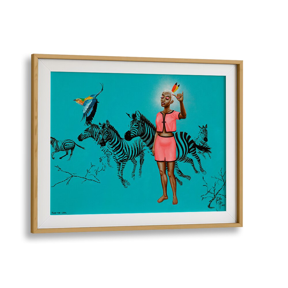 Vibrant KEEP THE COOL, AFRICAN ART PAINTINGS featuring a striking girl and zebras, perfect for elevating your space.