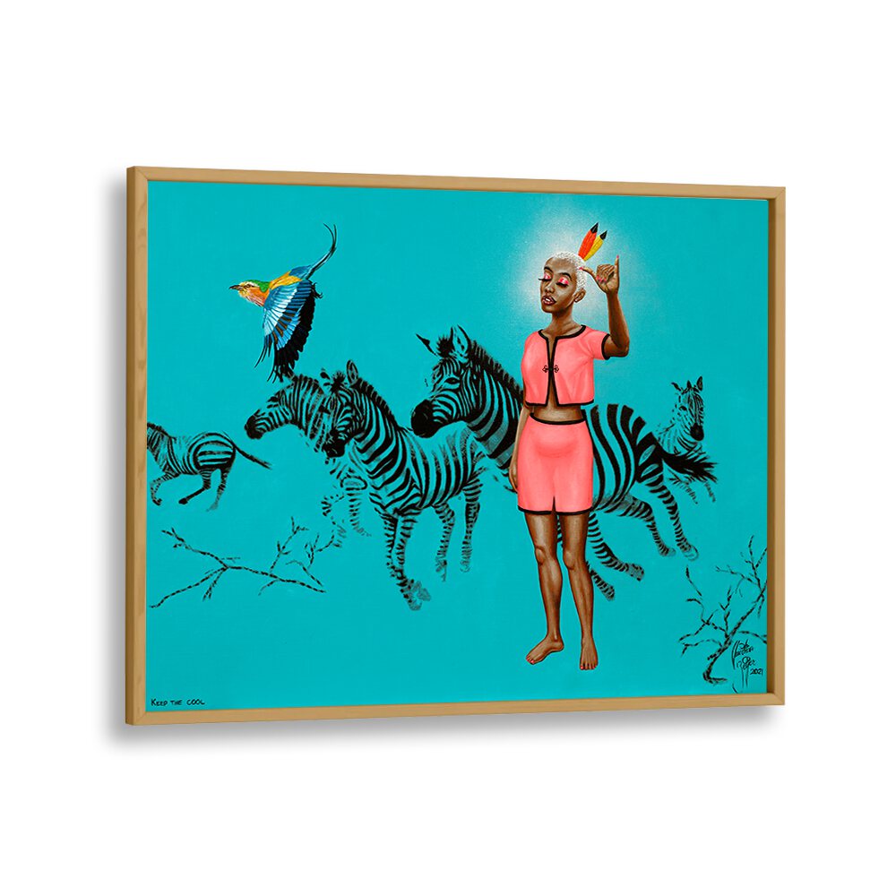 Vibrant KEEP THE COOL, AFRICAN ART PAINTINGS by Christian Beijer, featuring zebras and a striking figure in pink.