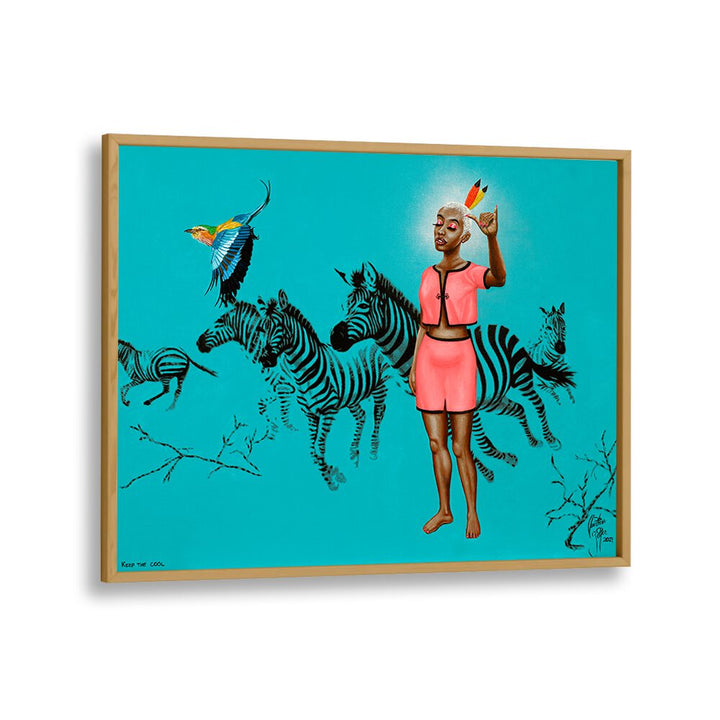 Vibrant KEEP THE COOL, AFRICAN ART PAINTINGS by Christian Beijer, featuring zebras and a striking figure in pink.