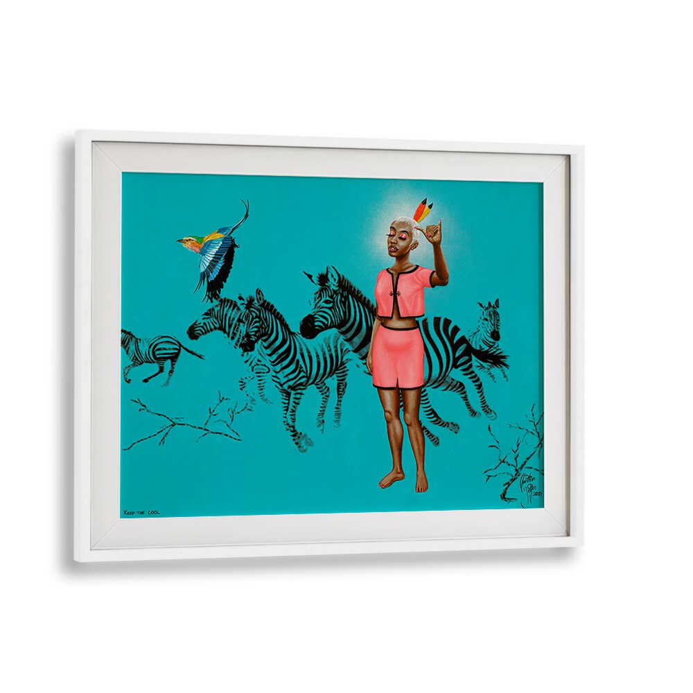 Vibrant KEEP THE COOL, AFRICAN ART PAINTINGS by Christian Beijer, featuring a striking scene with zebras and a colorful figure.