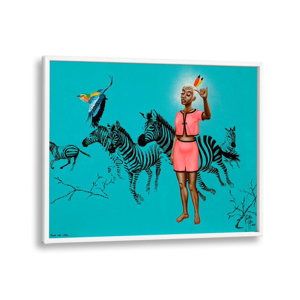 Colorful "KEEP THE COOL, AFRICAN ART PAINTINGS" by Christian Beijer, featuring a vibrant scene with zebras and a figure.