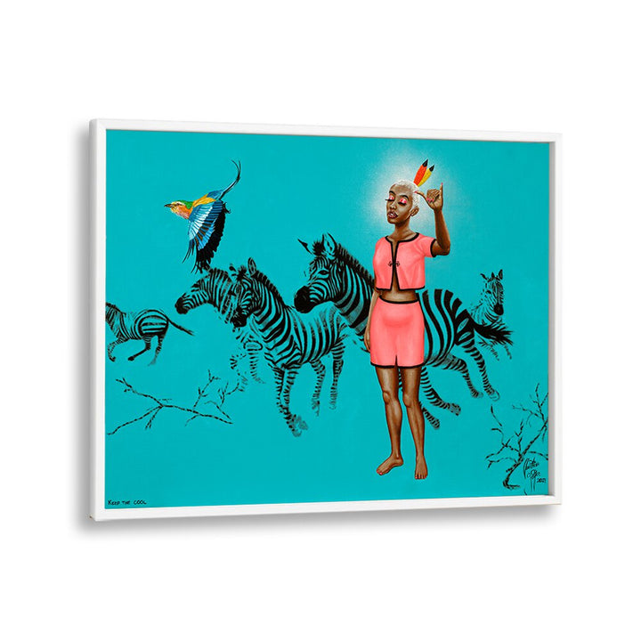 Colorful "KEEP THE COOL, AFRICAN ART PAINTINGS" by Christian Beijer, featuring a vibrant scene with zebras and a figure.
