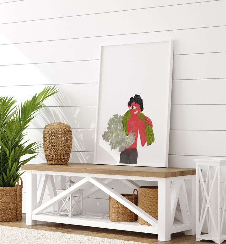 Kids Around Flowers As I Imagined By Shreya Roy Chowdary, Indian Art Paintings Artwork in White Plain Frame placed on a table in the Alley Way