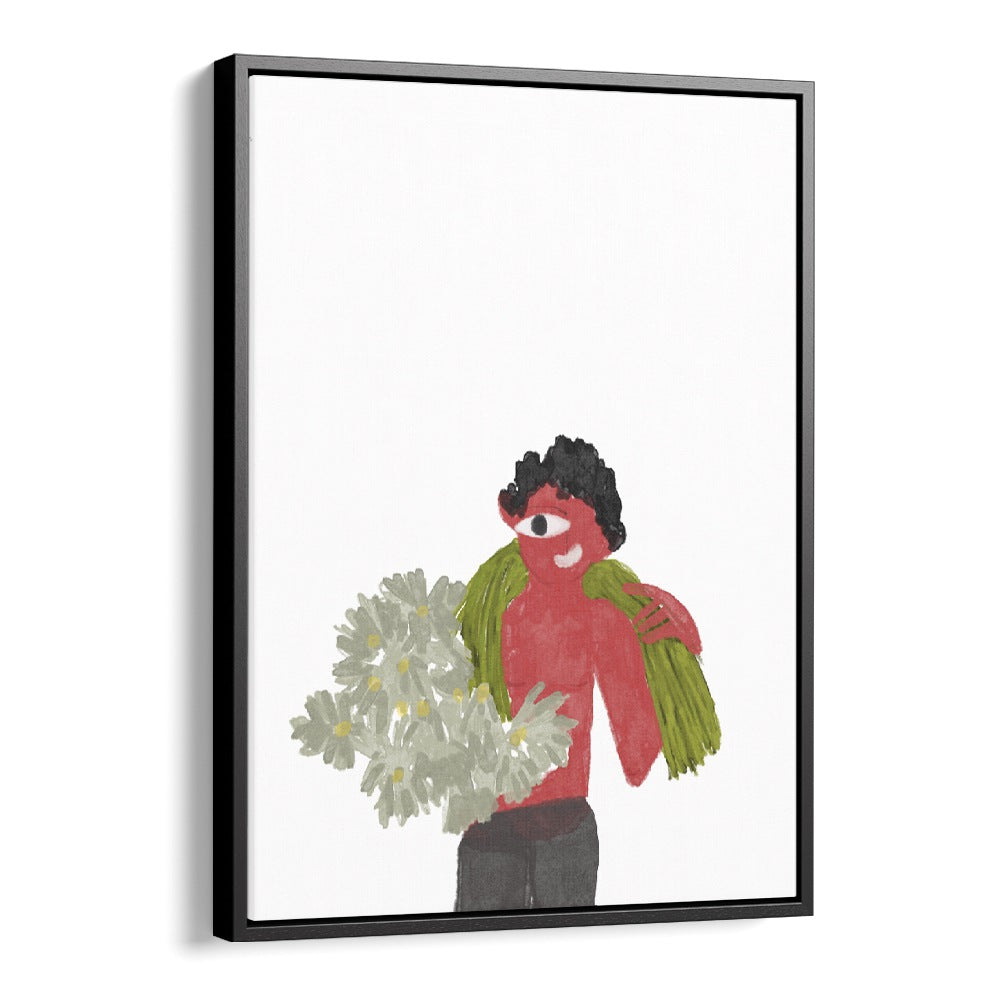 Kids Around Flowers As I Imagined By Shreya Roy Chowdary, Indian Art Paintings Artwork in Black Floater Frame
