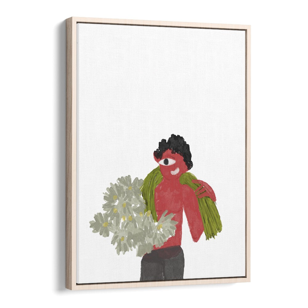 Kids Around Flowers As I Imagined By Shreya Roy Chowdary, Indian Art Paintings Artwork in Oak Wood Floater Frame