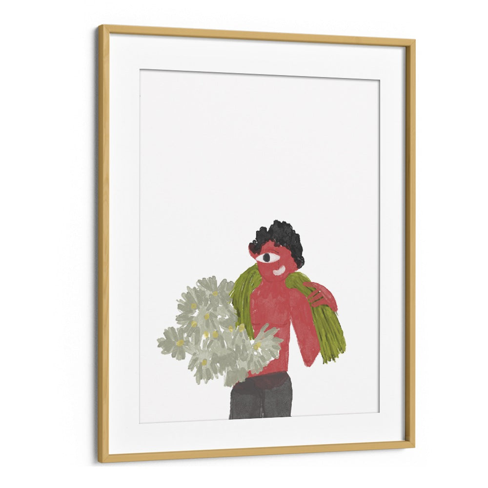 Kids Around Flowers As I Imagined By Shreya Roy Chowdary, Indian Art Paintings Artwork in Oak Wood Frame With Mount