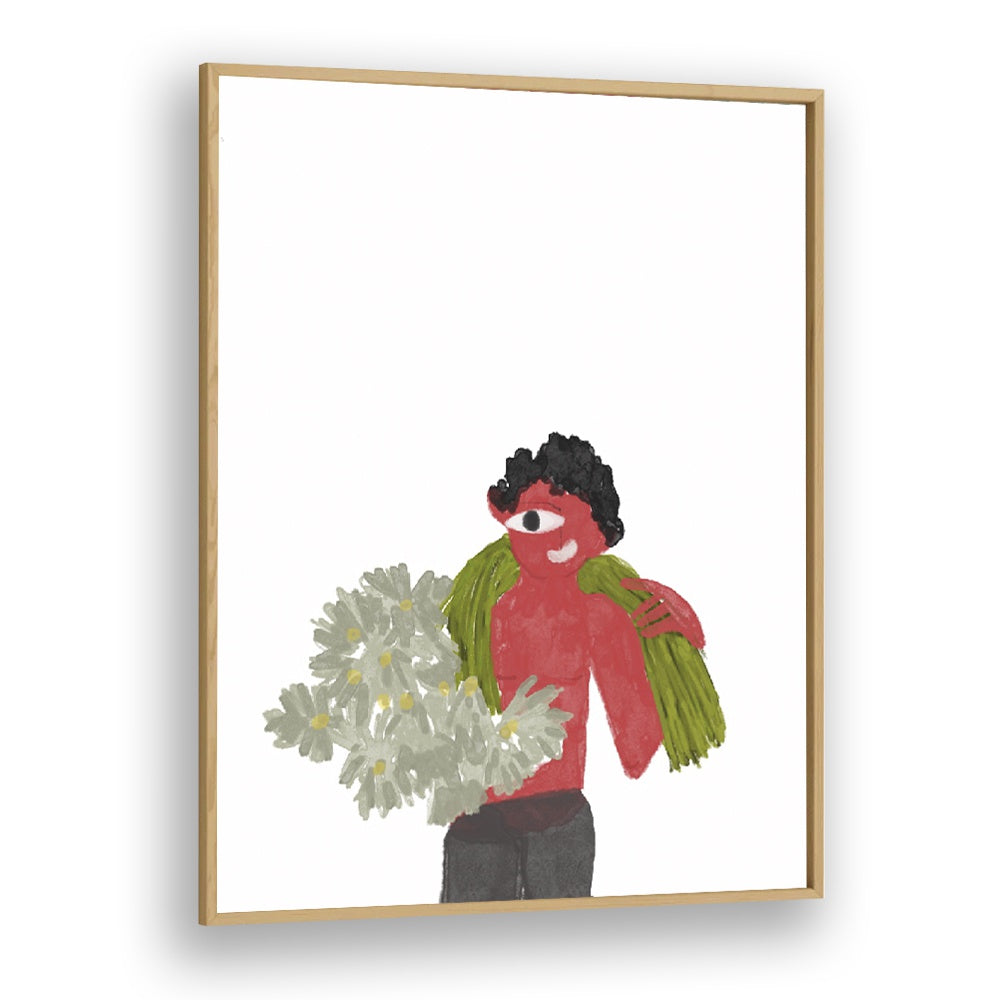 Kids Around Flowers As I Imagined By Shreya Roy Chowdary, Indian Art Paintings Artwork in Oak Wood Plain Frame
