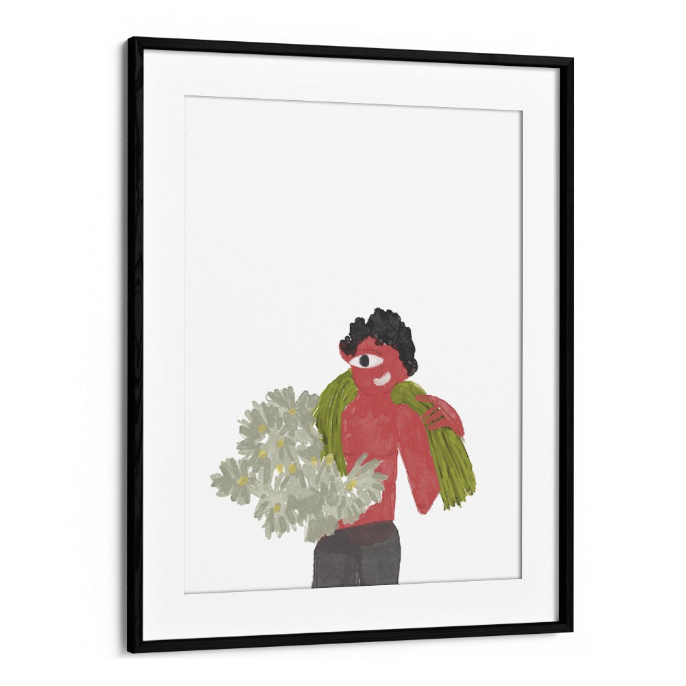 Kids Around Flowers As I Imagined By Shreya Roy Chowdary, Indian Art Paintings Artwork in Black Frame With Mount