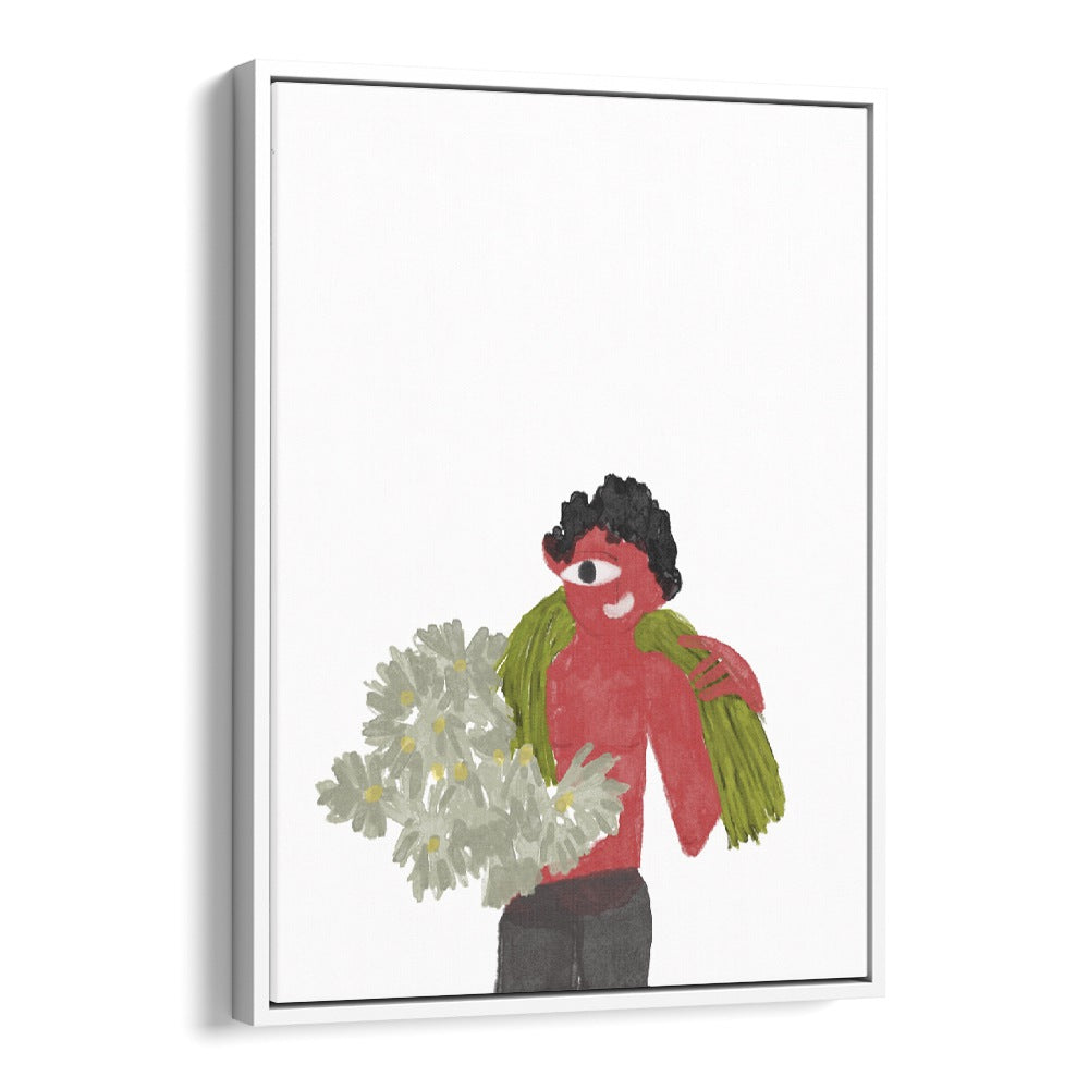 Kids Around Flowers As I Imagined By Shreya Roy Chowdary, Indian Art Paintings Artwork in White Floater Frame