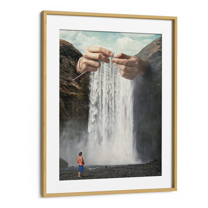 Captivating KNITTED WATERFALL, SURREAL ART PRINTS featuring crochet hands amidst a stunning landscape by Vertigo Artography.