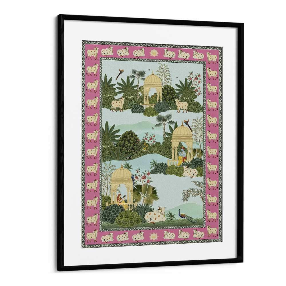 Exquisite KRISHNA, RADHA AND HOLY COW, INDIAN ART PAINTINGS showcasing love and devotion in vibrant colors.