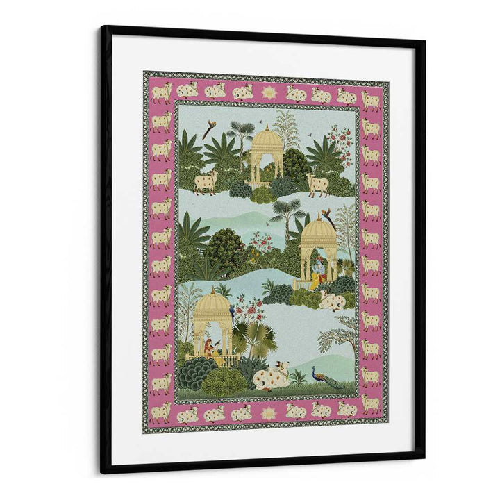 Exquisite KRISHNA, RADHA AND HOLY COW, INDIAN ART PAINTINGS showcasing love and devotion in vibrant colors.