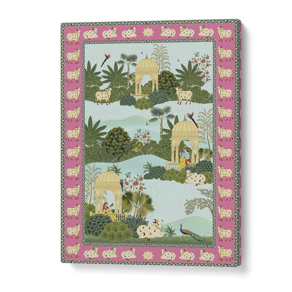 Krishna, Radha and Holy Cow Indian art paintings showcase divine beauty and love in vibrant colors. Perfect for any space.