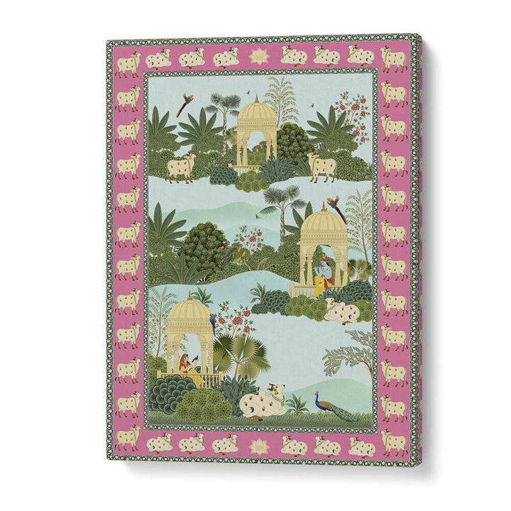 Krishna, Radha and Holy Cow Indian art paintings showcase divine beauty and love in vibrant colors. Perfect for any space.