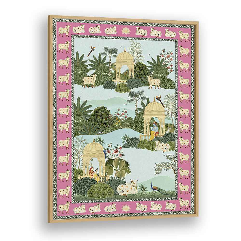 Exquisite KRISHNA, RADHA AND HOLY COW, INDIAN ART PAINTINGS showcasing love and devotion in vibrant colors.