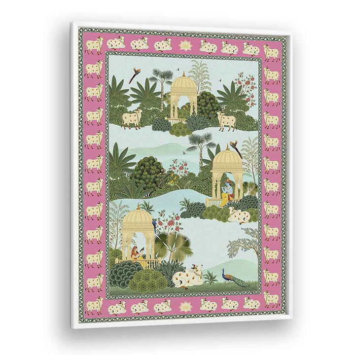 Krishna, Radha and Holy Cow Indian art paintings showcase divine love and serenity in vibrant colors and intricate details.