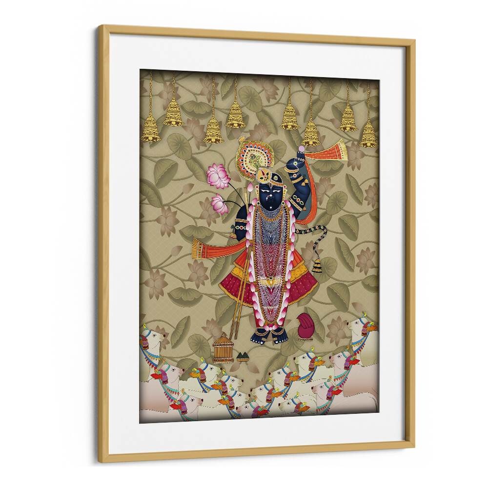 Shrinathji's Embrace, Indian art paintings, showcases divine love in vibrant colors, framed beautifully for your decor.