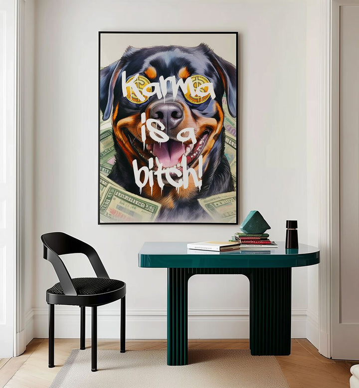 KARMA IS A BITCH, QUOTES poster featuring a playful Rottweiler that adds bold flair to any space. Perfect for rebels!