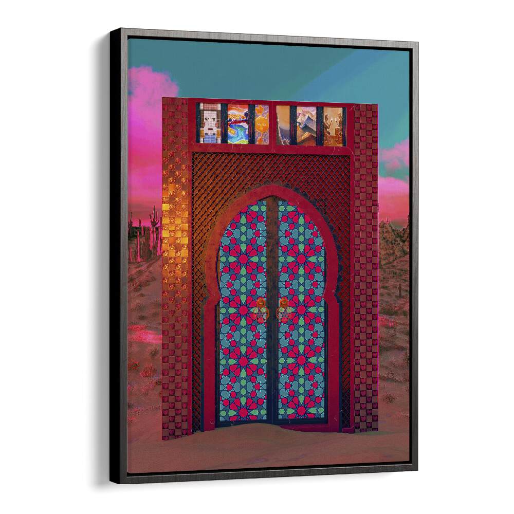 Khalid's Door, surreal art prints by Cosmo Zach, showcase a vibrant, imaginative doorway framed in black.