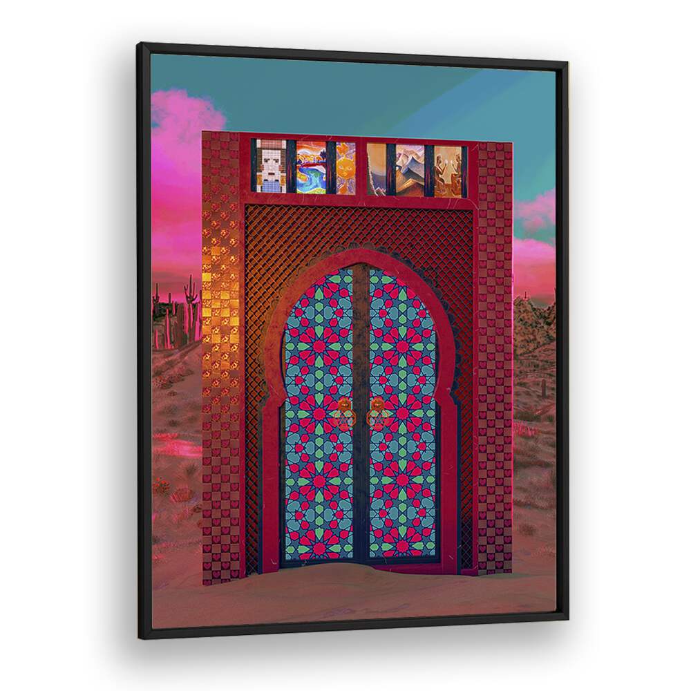 KHALID'S DOOR, SURREAL ART PRINTS by Cosmo Zach features a vibrant, intricate door design in a surreal landscape.