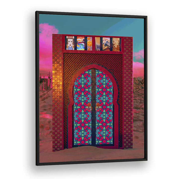 KHALID'S DOOR, SURREAL ART PRINTS by Cosmo Zach features a vibrant, intricate door design in a surreal landscape.